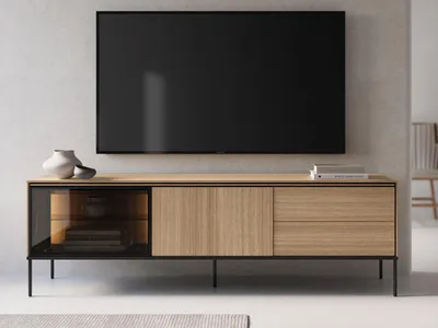 Obrázek produktu pro Prosklený široký TV stolek ANACORTES - dub + LED osvětlení