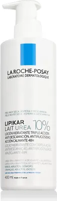 A white bottle of La Roche-Posay Lipikar Lait Urea 10% body lotion with a pump dispenser.