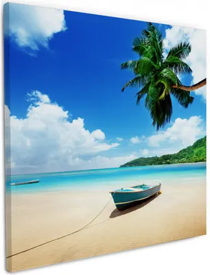 Produktbild von Wallario Premium Leinwandbild Urlaub am Palmenstrand unter Palmen mit Fischerboot in Größe 50 x 50 cm