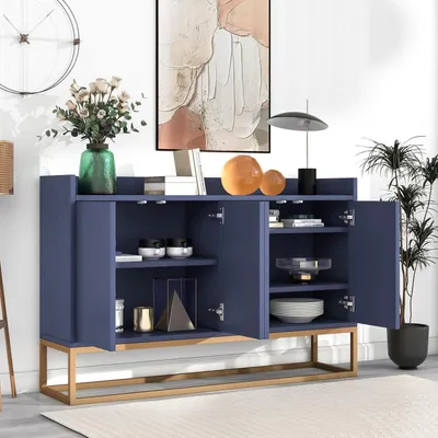 Obrázek produktu pro Komoda, 4 dvířka, bez úchytek, modrá, rozměry 120x30x80 cm, materiál: dřevotříska, MDF, kovový rám