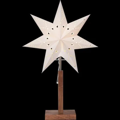 Immagine prodotto di Lampada da terra stella a scacchi con base in legno - Stella di Natale in carta, certificata , attacco E14, altezza 55 cm, luce calda per finestre e soggiorno