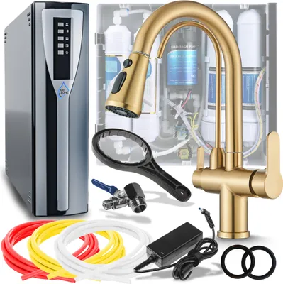 Immagine prodotto di Rubinetto da cucina a 3 vie Ari Nordic con doccetta estraibile, beccuccio girevole 360 gradi, collegamento filtro acqua, oro spazzolato