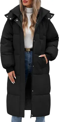 Image de ASKSA Femme Manteau d'hiver long Manteau d'hiver matelassé Doudoune chaude Manteau avec capuche (Noir,L)
