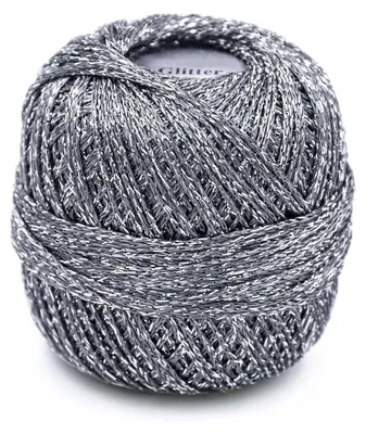 A ball of grey yarn with silver glitter threads.