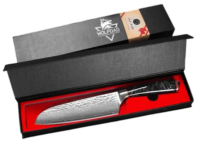 Immagine prodotto di Coltello da cucina, lama in acciaio damascato, manico in resina, lama Santoku