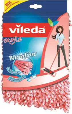 Packaging for a Vileda mop refill, featuring product branding, a graphic of the mop head, and an illustration of a woman using a mop.