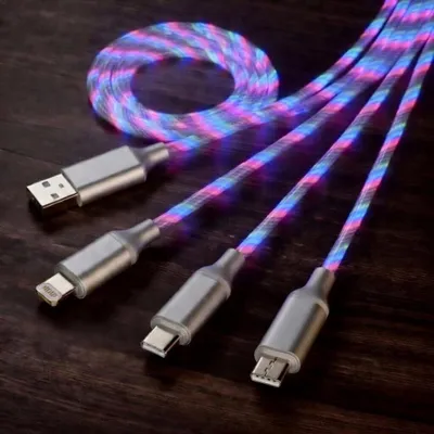 Image de Câble de recharge USB LED 3-en-1 RGB, multicolore, lumineux, Micro USB-C pour Apple iPhone et Samsung, 2 m