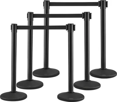 Obrázok produktu pre Systém navádzania personálu Bariérová páska - Súprava bariérových stĺpikov - 6-dielna, 2 m x 48 mm - Čierna - Sťahovacia páska - Systém navádzania personálu Bariérové stĺpiky - Ideálne pre letiská, veľtrhy, miesta konania súťaží