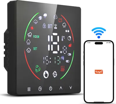 A smart thermostat and a smartphone are shown together, with the thermostat displaying various icons and readings, and the smartphone showing the Tuya app interface.