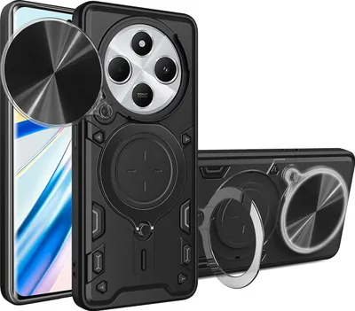 Obrázek produktu pro Pouzdro pro Xiaomi Redmi 14C dvojvrstvé odolné pouzdro s ochranným krytem kamery a kruhovým stojánkem na prsten Černý