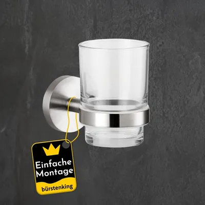 Produktbild von Bürstenking Zahnbürstenhalter mit Zahnputzbecher, stilvolle Halterung für Zahnputzbecher & Zahnpasta, Edelstahl matt gebürstet, praktische Wandmontage, Zahnbürstenhalter mit Becher, Teil der Serie 190