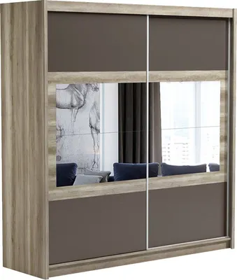 Produktbild von Furniture24 Kleiderschrank SALWADOR 203 Schlafzimmer 2 Türiger Schwebetürenschrank Schrank mit Schiebetür Kleiderstange 8 Einlegeboden und Spiegel Canyon Eiche/Lava