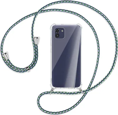 Produktbild von Handykette Backcover-Schutzhülle mit Band (Metall silberfarben) für Samsung Galaxy A03 4G - grün/blau/weiß