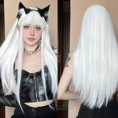 Produktbild von Weiße Perücke für Frauen, mit Pony, lang, synthetisches hitzebeständiges Haar, für den Alltag