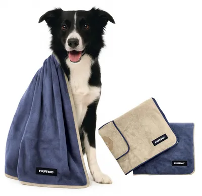 Productafbeelding van FLUFFINO® Hondenhanddoek van microvezel – 2-pack - 120 x 70 cm - Beige en blauw