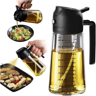 Produktbild von Ölsprüher mit Skala 470ML, 2-in-1-Mehrzweck, Ölsprüherflasche, Glasölflasche, Speiseölspray, geeignet für Kochen, Grillen, Backen, Heißluftfritteuse