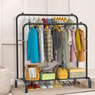 Produktbild von Famanu Kleiderständer mit Doppelstange - Stehendes Aufbewahrungssystem - Multifunktionaler Organizer - Schwarzes Metall