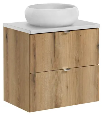 Productafbeelding van Ensemble VANO aspect eiken en wit 60cm: onderkast met laden + blad voor wastafel + ronde witte opzetwastafel