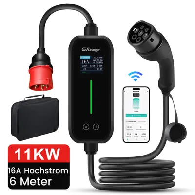 Produktbild von Mobile Wallbox EV EU Ladegerät mit APP 11kW Typ 2 6m Ladekabel 6-16A 3 Phase CEE Stecker Einstellbarer Strom Tragbares Ladegerät LCD Display