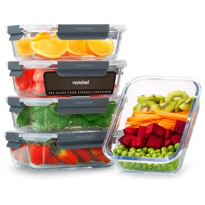 Produktbild von VonShef 5-teiliges Glasbehälter mit Deckel, 1050ml BPA-frei Vorratsdosen