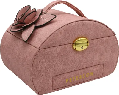 A pink jewelry box with a flower decoration and a gold clasp.