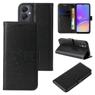 Produktbild von Handyhülle für Samsung Galaxy A05 Floral Blumen Schmetterling Flip Cover Hülle Case Klapphülle Handytasche Farbe: Schwarz