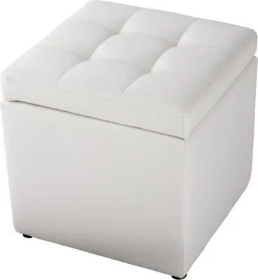 A white upholstered storage ottoman is shown against a white background.