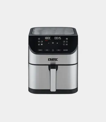 A silver and black air fryer is shown against a light gray background.