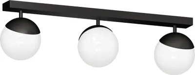 A black track light with three white globe-shaped lights.