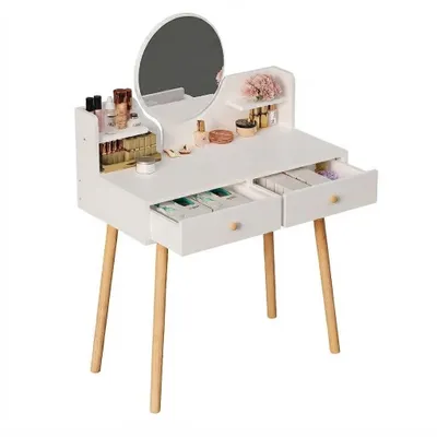 Produktbild von Großer Schminktisch (80 cm) in Weiß mit Spiegel – Moderner Kosmetiktisch mit praktischen Loft-Schubladen