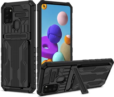 Immagine prodotto di Galaxy A21S Case, custodia ibrida di protezione robusta con porta carte e supporto per Samsung Galaxy A21S nero