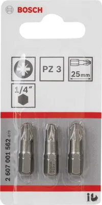 Obrázok produktu pre Bosch 2 607 001 562, 3 kusov, Krížový, PZ 3, Oceľ, 25 mm, 25,4 / 4 mm (1 / 4")