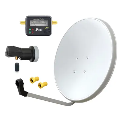 A satellite dish kit with accessories laid out on a white background.
