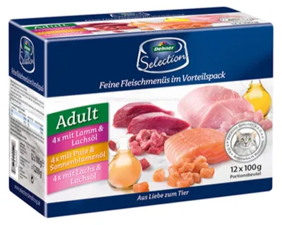 Produktbild von Dehner Premium Katzenfutter Multipack, Nassfutter, für ausgewachsene Katzen, je 4 x Lamm / Pute / Lachs, 12 x 100 g Beutel (1.2 kg)