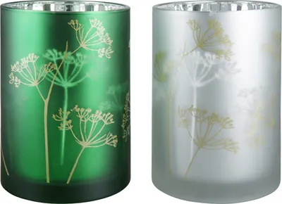 Immagine prodotto di GILDE Windlicht, "Pusteblume", Pusteblumenmotiv, Blumenmuster, Glas, grün, silberfarben, , 2 Stück wie abgebildet, H. 18 cm, D. 12 cm 50102