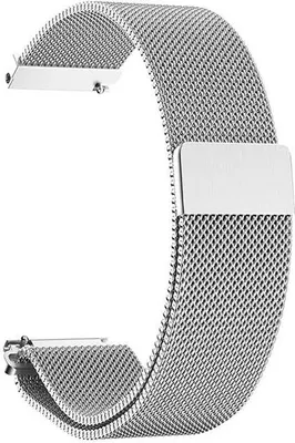 A silver metal mesh watch band with a magnetic clasp, shown against a white background.
