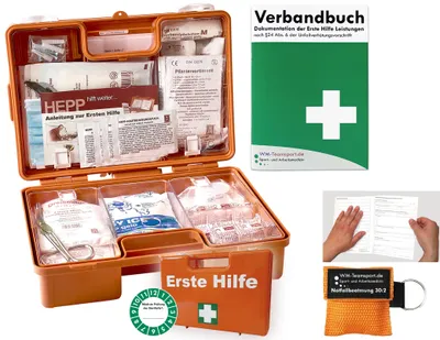 Produktbild von Verbandskoffer (K) Typ N - INKL. 90° ARRETIERUNG Erste Hilfe - akt. DIN 13157 (Betriebe) -DSGVO- INKL. PERFORIERTEM VERBANDBUCH +Notfallbeatmungshilfe