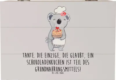 Produktbild von Mr. & Mrs. Panda Holztruhe Tante Schokoladenkuchen 22 x 15 cm - Grau Pastell - Geschenk, Truhe, Familie, fotobox, Box, handgemacht, Kiste, Humor, holz, Geschenkidee