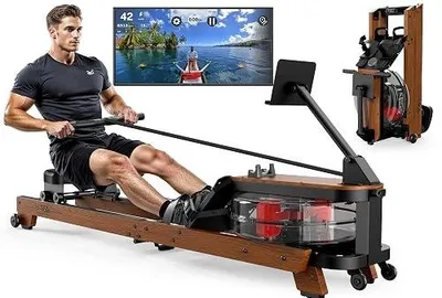 Zdjęcie produktu dla Wioślarz domowy drewniany składany z oporem wody tablet bluetooth 180KG