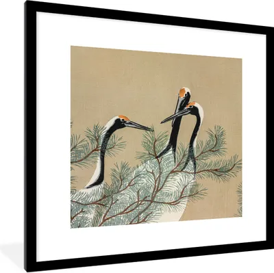 Produktbild von MuchoWow® Gerahmtes Poster Blätter - Kranich - Japanisch - Vintage 40x40 cm - Poster mit Schwarzem Bilderrahmen Wandposter Rahmen Foto Bilder - Poster - Plakat im Rahmen