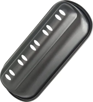 A black stollen baking pan with oval perforations on a white background.