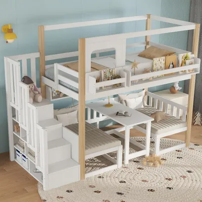 Immagine prodotto di Letto a castello 90x200 cm, bianco, con libreria e scaletta contenitore