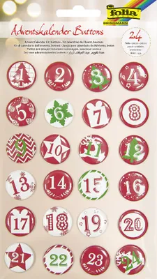 A collection of round buttons with Christmas-themed designs and numbers 1-24, arranged in a grid.