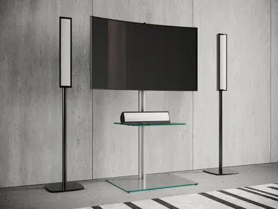 Produktbild von VCM TV Standfuß schwenkbar |  Alumium Ständer für Fernseher 26-70 Zoll bis 40 kg | ESG-Sicherheitsglas | Maße ca. H. 100 x B. 60 x T. 45 cm | bis VESA 400x400 | TV Möbel Alani Zwischenboden