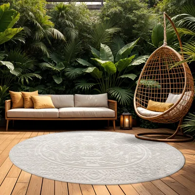 Image de Tapis d'extérieur Résistant aux intempéries Balcon Salon Scandinave Boho Unicolore Taille 160 cm Rond