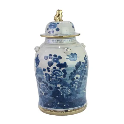 Zdjęcie produktu dla Fine Asianliving Chinese Ginger Jar Blue White Gilded Porcelain Birds D26xH46cm Ginger Jar with Lid Ceramic Oriental Large Hand Painted Asian Jingdezhen Mandarin Deco