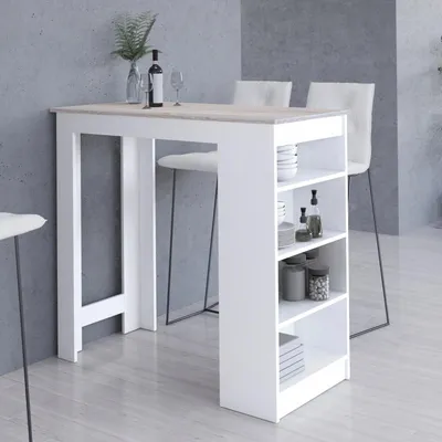 Produktbild von Bartisch – Bistrotisch – Küchentisch – Esstisch – 115 cm – Weiß / Sonoma Eiche – Moderner Stehtisch mit 4 Regalfächern