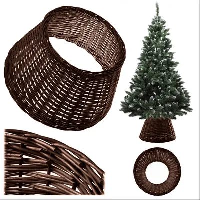 A collage of images showing a wicker tree skirt, a Christmas tree with a tree skirt, and a close-up of the wicker texture.