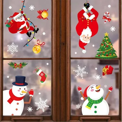Productafbeelding van Raamstickers Kerst, PVC, statisch, set van 4: sneeuwvlokken, kerstman, sneeuwpop, kerstboom