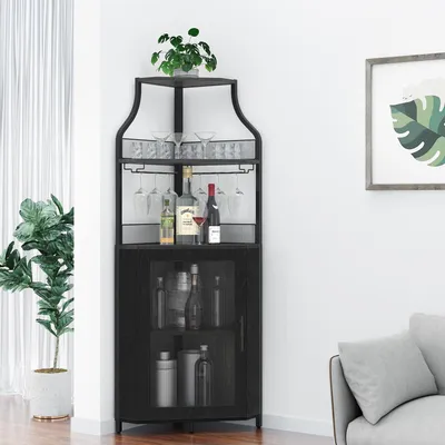 Image de Armoire à vin d'angle avec étagère à vin amovible Armoire de bar à vin avec porte de grange étagères réglables, armoire à vin pour salle à manger, salon noir